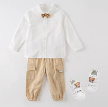 Beige Color Satin Style Long Sleeve Shirt With Bowtie (18mths-9yrs)