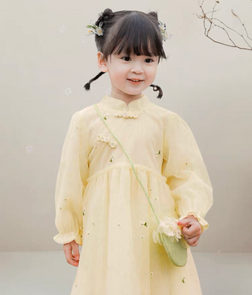 Yellow Color Chinese Style Tulle Dress With Pochette (18mths-9yrs)