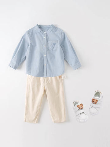 Blue Collarless Shirt & Pants Set