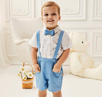 Whale And Yacht Print Shirt With Bowtie And Suspender Pants (12mths-6yrs)