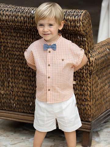 Orange Plaid Shirt With Bowtie And White Collar Pants (18mths-9yrs)