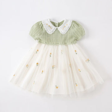 Green Tulle Docking Flower Embroidery Dress (2yrs-7yrs)