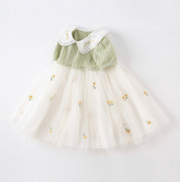 Green Tulle Docking Flower Embroidery Dress (2yrs-7yrs)