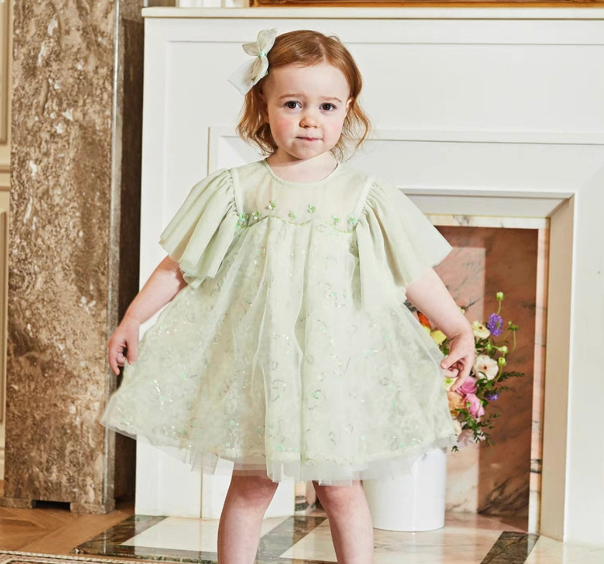 Light Green Tulle Dress With Hairpin (18mths-9yrs)